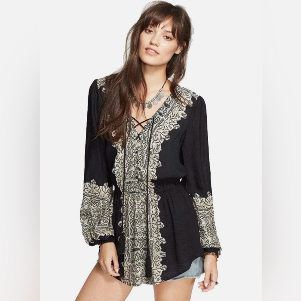 Free People Wildest Moments Boho Lace-Up Long Sleeve Tunic, Size XS